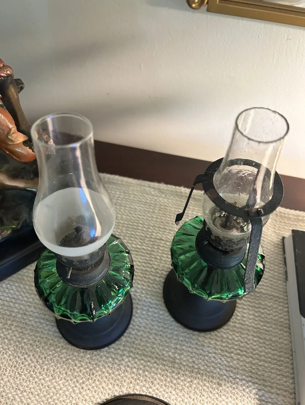Vintage Green Glass Mini Oil Lamps | Set of 2